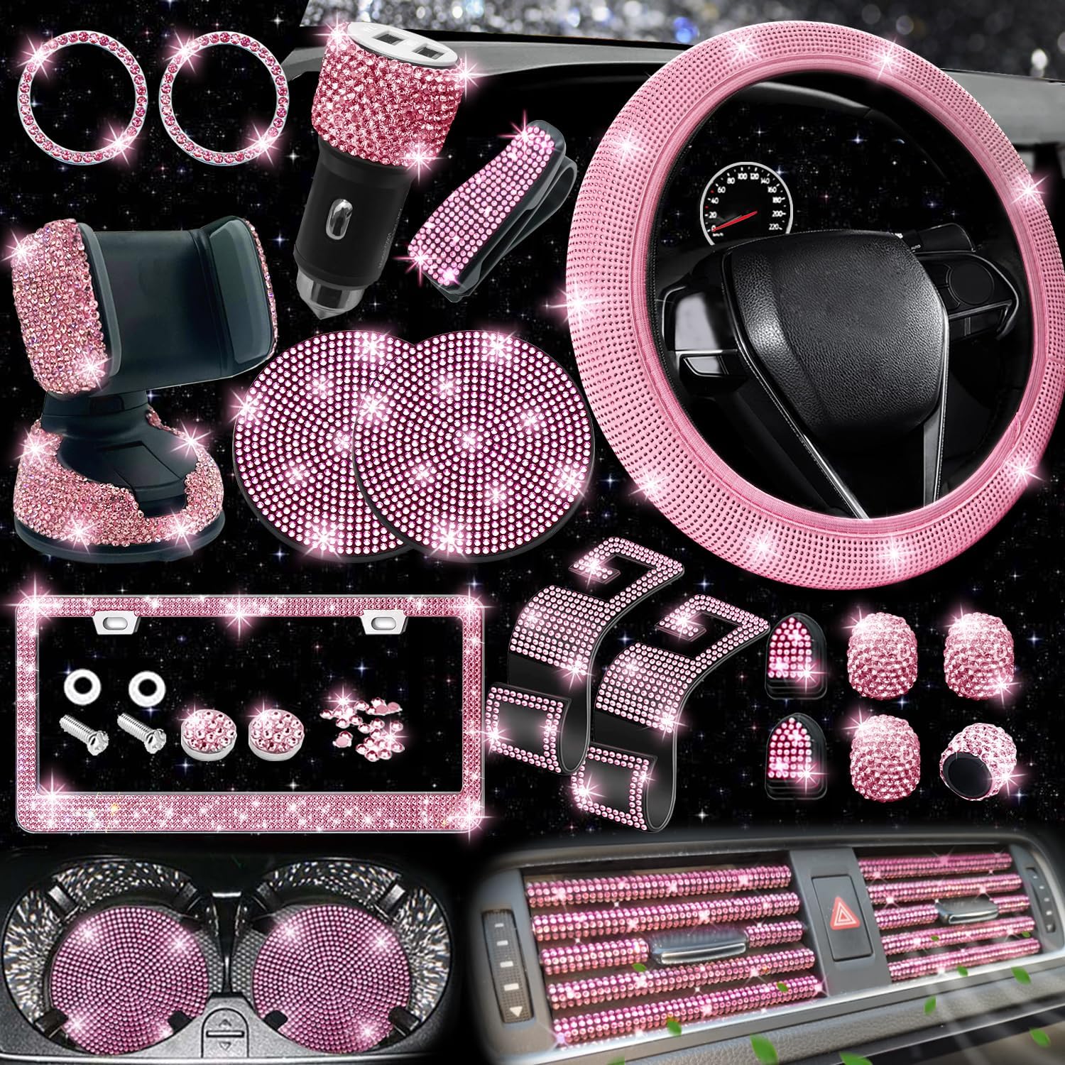 Amazon.com: NBTEPEM 27-Piece Bling Car Accessories Set - Universal Fit Steering Wheel Covers, License Plate Frames, Phone Holder, Car Fast Charger, Coasters (Pink) : Automotive