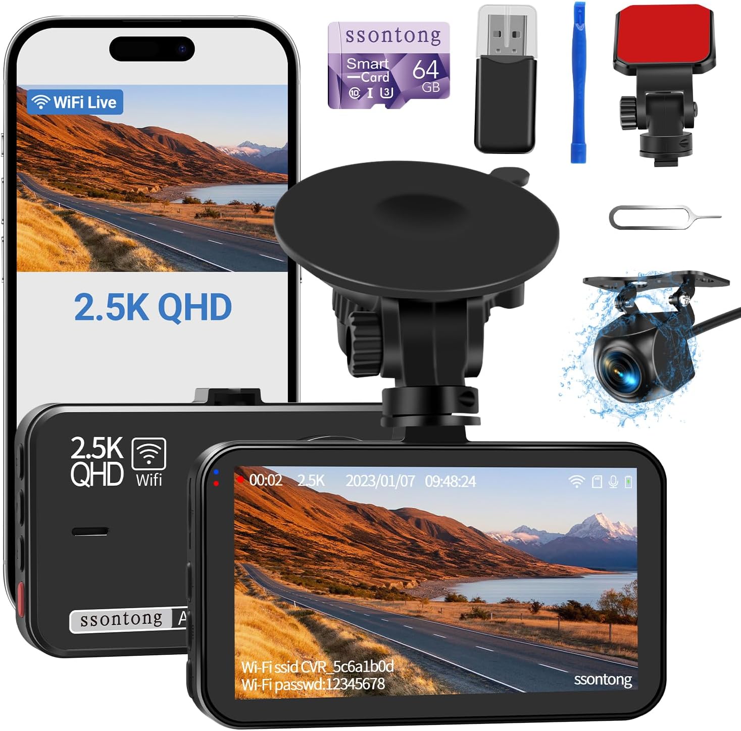 Amazon.com: Dash Cam Front and Rear, Dash Camera for Cars WiFi/APP Control Dual Dashcam W/ 64GB Card, 2.5K Dash Cam Front+1080P Rear Car Camera W/Super Night Vision, Loop Recording, G-Sensor, Max Support 256GB : Electronics
