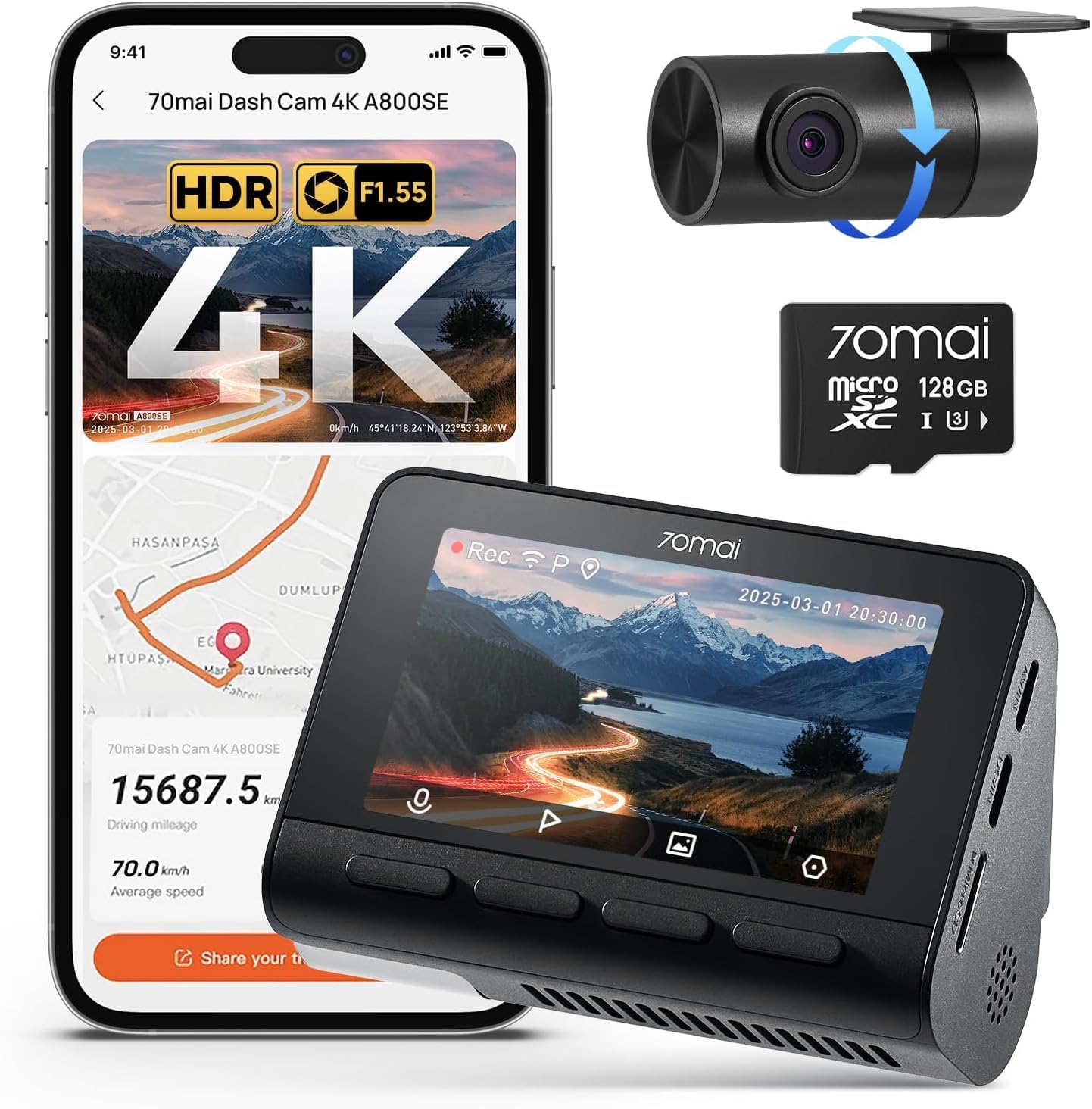 Amazon.com: 70mai 4K Dash Cam Front and Rear, Built in Wi-Fi 6 & GPS Car Camera, Super Night Vision, ADAS, 3'' IPS Screen, 24H Parking Mode, Time-Lapse, Loop Recording, with 128GB Card (A800SE) : Electronics