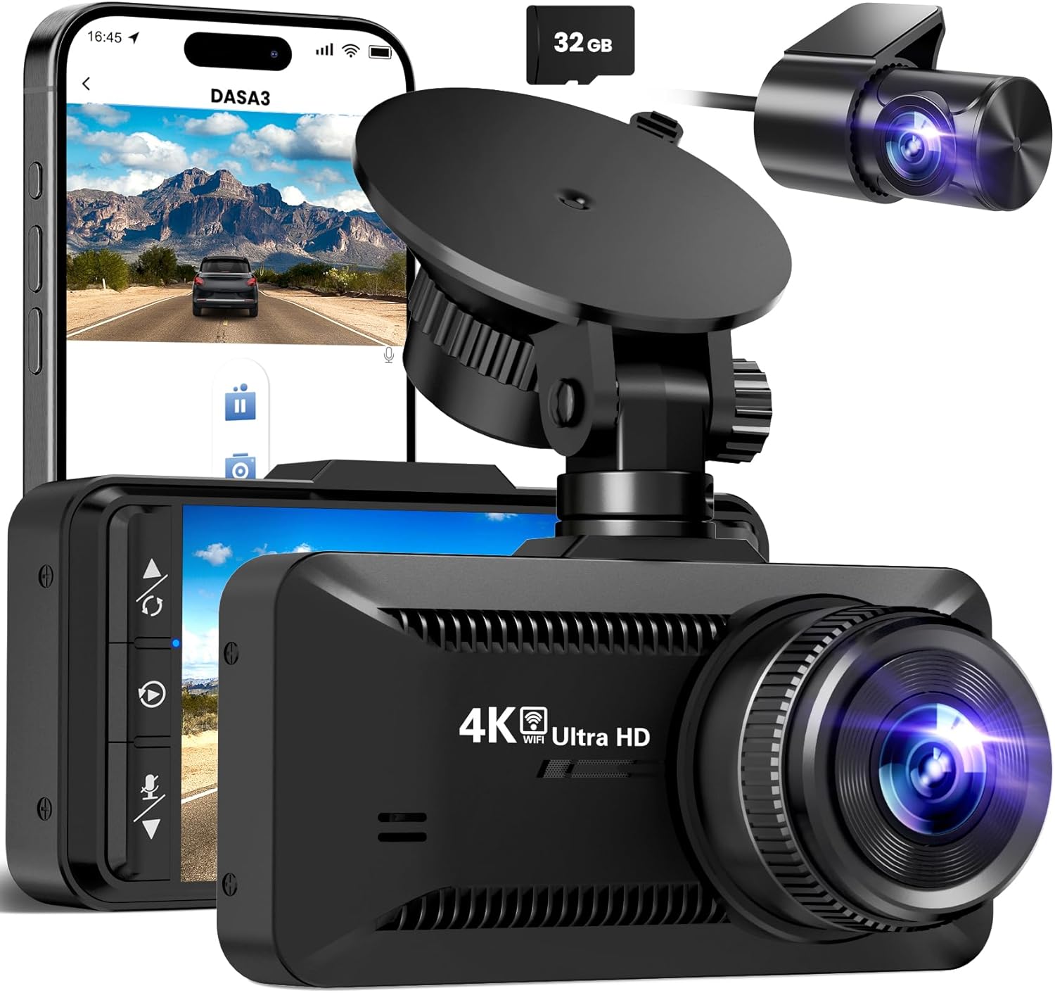 Amazon.com: Dash Cam Front Rear 4K/1080P, Dash Camera for Cars Build in WiFi, Full HD Dash Cam with APP Control, 3.94‘’ IPS Screen Dash Camera with 32GB SD Card, G-Sensor, WDR, 24Hr Parking Mote, Loop Recording : Electronics