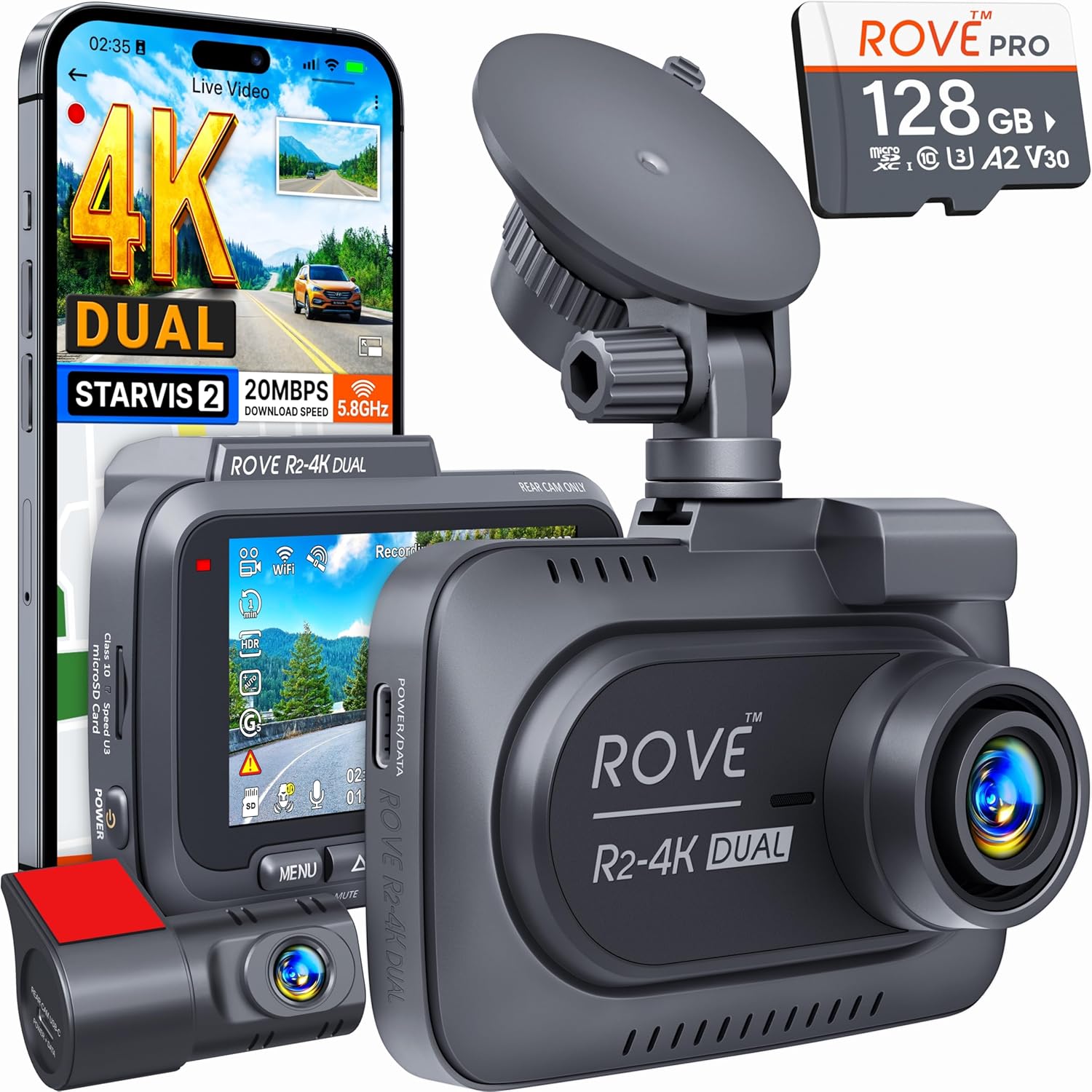 Amazon.com: ROVE R2-4K DUAL Dash Cam Front and Rear, STARVIS 2 Sensor, FREE 128GB Card Included, 5G WiFi - up to 20MB/s Fastest Download Speed with App, 4K 2160P/FHD Dash Camera for Cars, 3" IPS, 24H Parking Mode : Electronics