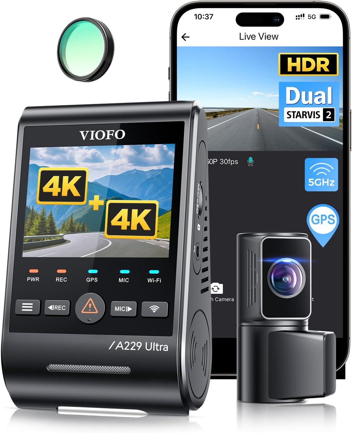 Amazon.com: VIOFO A229 Ultra 2CH Dash Cam Front and Rear, Dual 4K Dashcam HDR with GPS | Dual 4K HDR with Dual Starvis Sensors, Night Vision 2.0, Faster 5GHz Wi-Fi & Precise GPS, Smart Voice Control & Parking Mode : Electronics