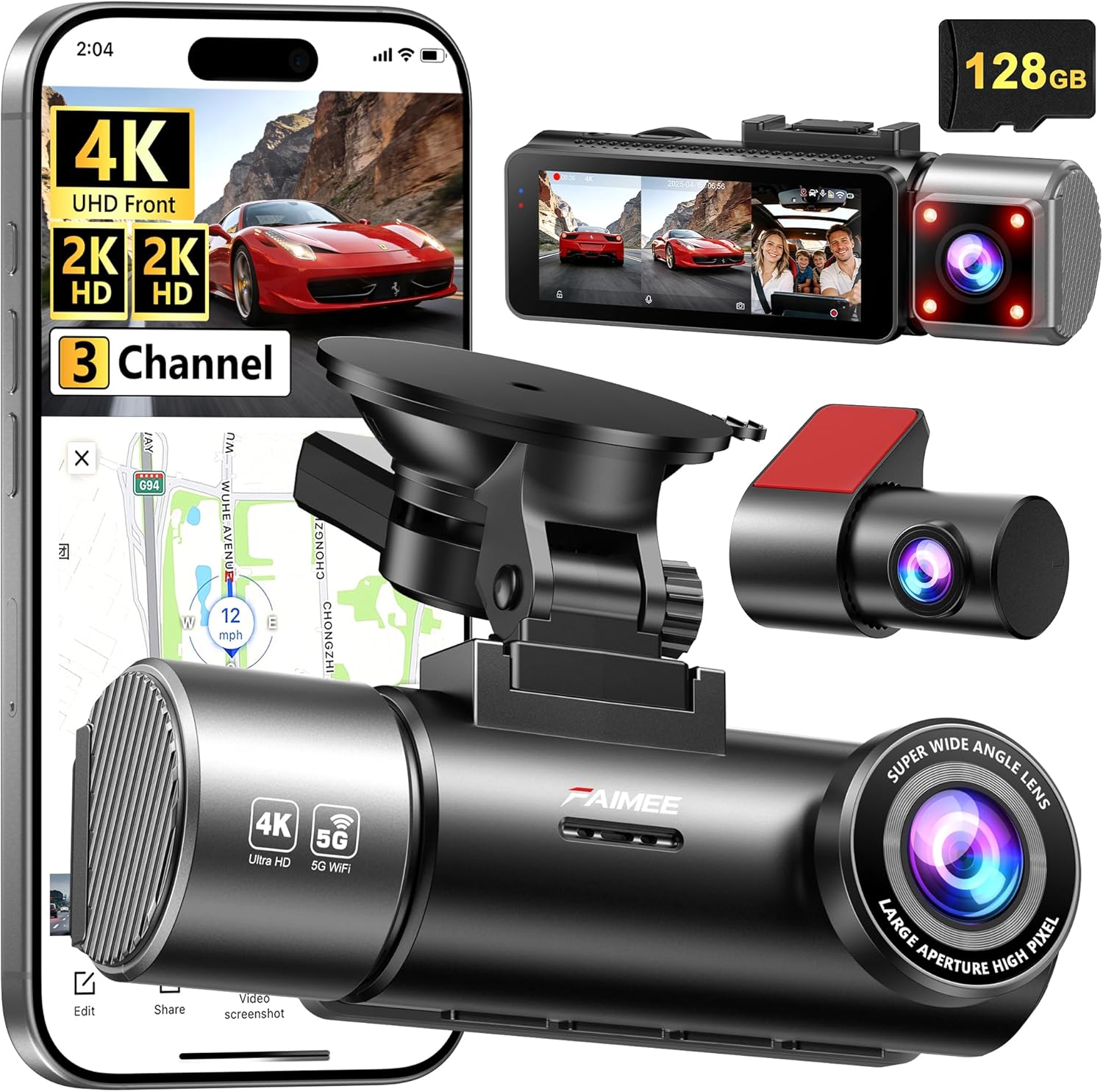 Amazon.com: 4K+2K+2K 3 Channel Dash Cam Front and Rear, 128GB Card Included, Dash Camera for Cars 5.8G/2.4G Dual Wifi, Built-in GPS, Night Vision, WDR, 170°Wide Angle, G-Sensor Emergency Lock, 24H Parking Monitor : Electronics