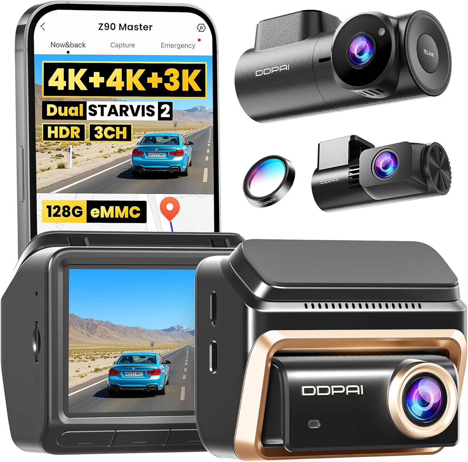 Amazon.com: DDPAI 4K 3-Channel Dash Cam,Dashcam for Cars with 128G eMMC+CPL,Front & Rear & Inside(2160P+2160P+1080P),Dual STARVIS 2 Sensors IMX678 + IMX678,AI ISP Night Vision,ADAS, WiFi 6, 4G LTE,Z90 Master 3CH : Electronics