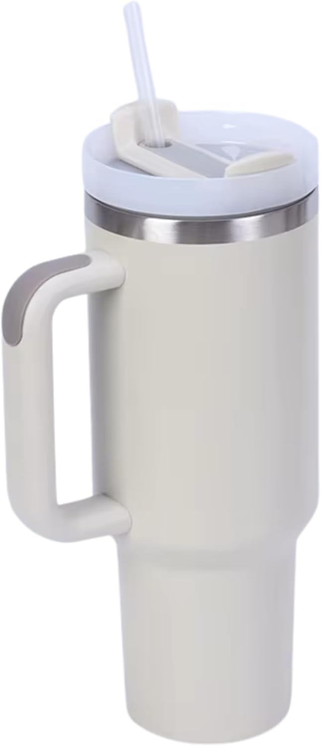 Amazon.com | SUNLUREBOUTIQUE 40 oz Insulated Tumbler with Handle and Straw, Double Wall Vacuum Insulated Stainless Steel Travel Mug, BPA Free, Cup Holder Friendly, Beige: Tumblers & Water Glasses